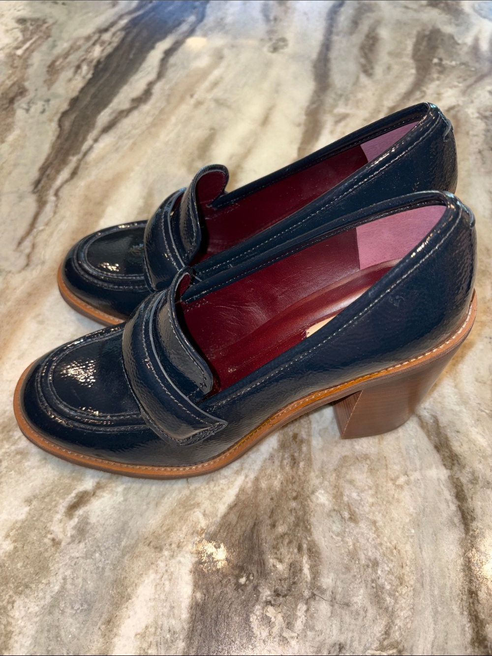 Franco Sarto Navy Patent Leather Block Heel Loafers - Picture 8 of 9